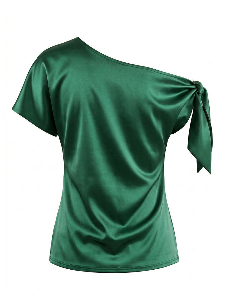 Green 1930s Solid Satin One-Shoulder Tie Knot Top: beautiful vintage blouse, retro top, classic style with timeless appeal