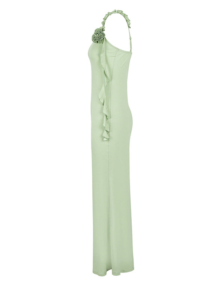 Green 1930s Spaghetti Strap 3D Flower Maxi Dress - vintage dress, retro fashion