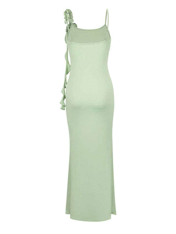 Green 1930s Spaghetti Strap 3D Flower Maxi Dress - vintage dress, retro fashion
