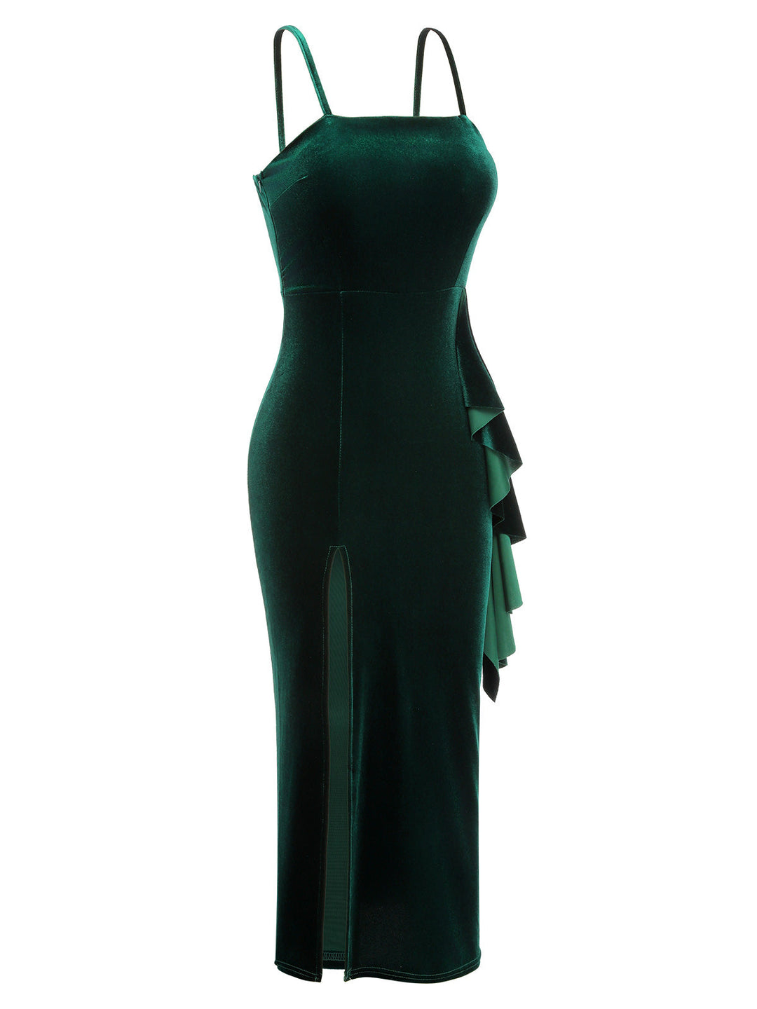 Green 1930s Spaghetti Strap Velvet Slit Dress, vintage dress, retro fashion - perfect for women who love vintage and retro fashion