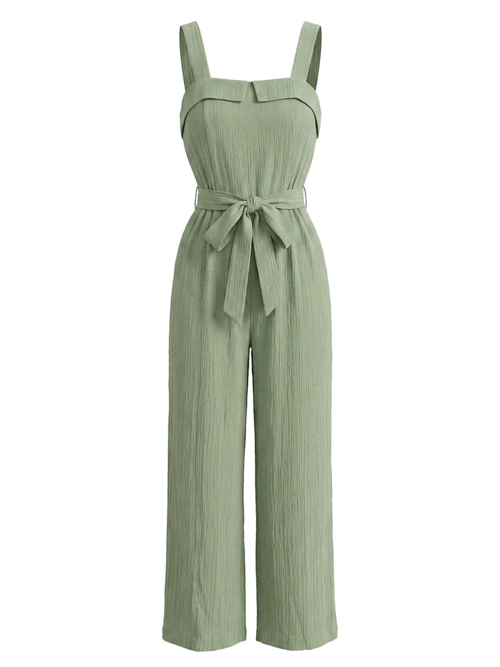 Green 1930s Square Neck Belt Wide Leg Cami Jumpsuit, vintage romper, retro jumpsuit - perfect for women who love vintage and retro fashion