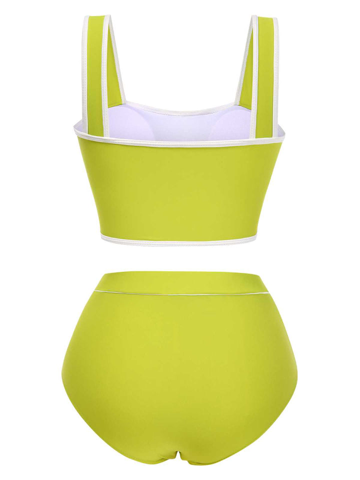 This Green 1930s Strap High Waist Button Swimsuit carries 1930s vacation dreams in every stitch
