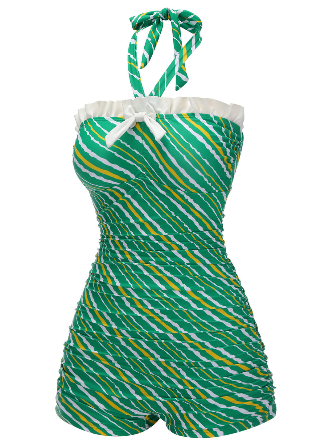 Green 1930s Stripe Off-Shoulder Halter Swimsuit, vintage swimsuit, pin-up swimwear - perfect for women who love vintage and retro fashion