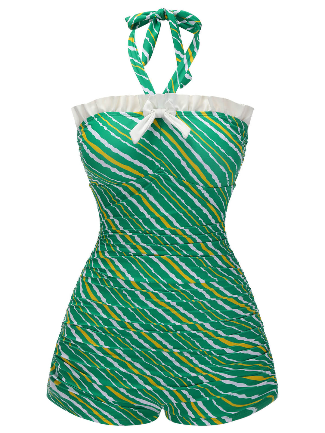 Green 1930s Stripe Off-Shoulder Halter Swimsuit, vintage swimsuit, pin-up swimwear - perfect for women who love vintage and retro fashion