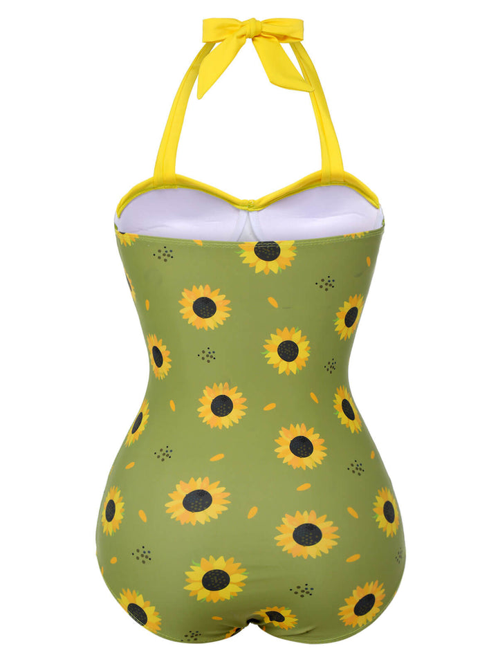 Green 1930s Sunflowers Halter Swimsuit, vintage swimsuit, pin-up swimwear - perfect for women who love vintage and retro fashion