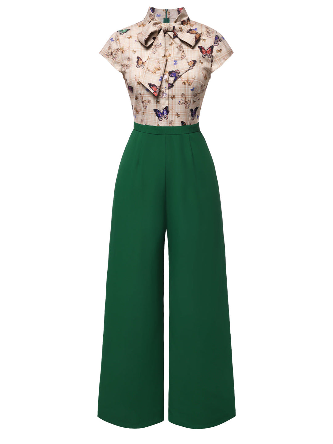 This Green 1930s Tie Neck Plaids Butterflies Jumpsuit whispers 1930s secrets to those who notice