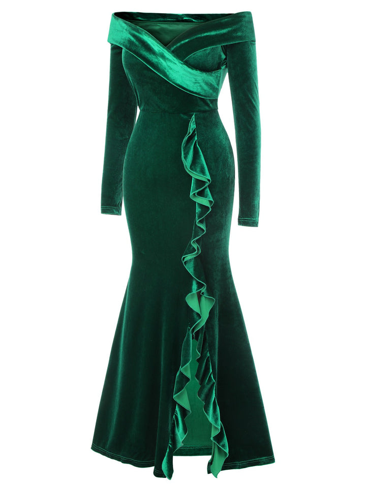 Green 1930s Velvet Off-Shoulder Ruffle-Trim Mermaid Dress, vintage dress, retro fashion - perfect for women who love vintage and retro fashion