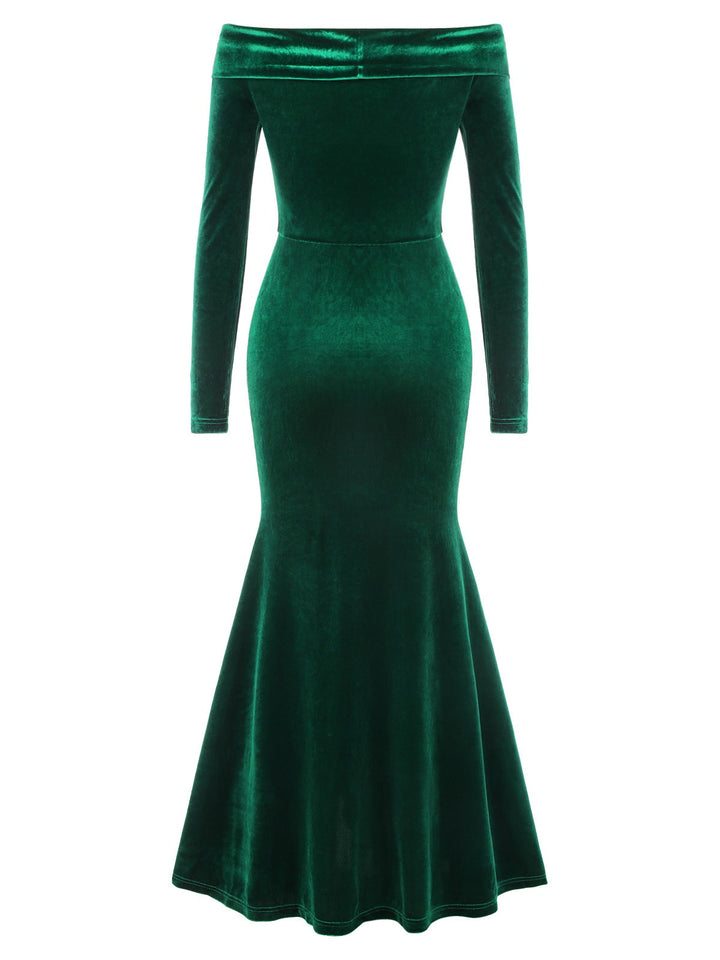 Green 1930s Velvet Off-Shoulder Ruffle-Trim Mermaid Dress, vintage dress, retro fashion - perfect for women who love vintage and retro fashion