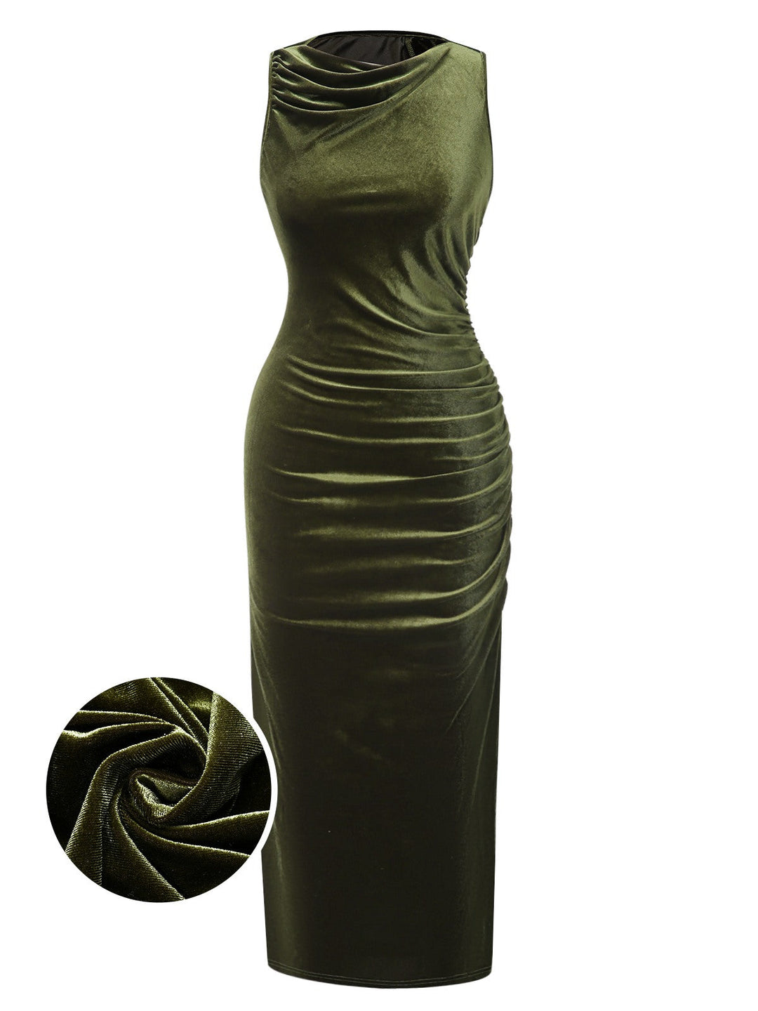 She slips into this Green 1930s Velvet Pleated Bodycon Dress and suddenly it&