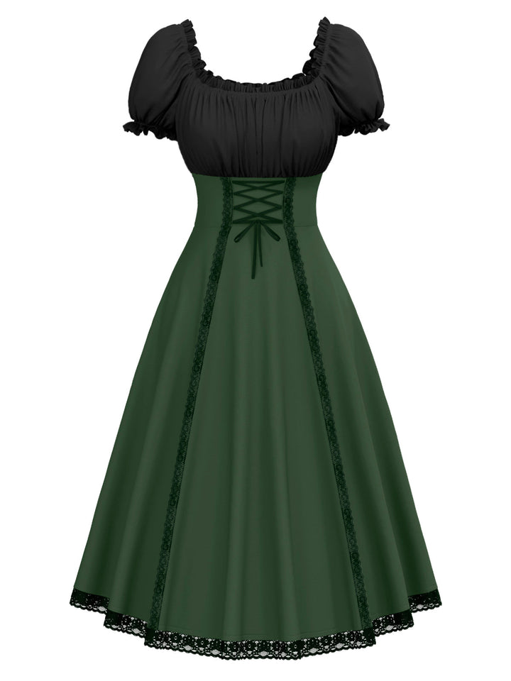 Green 1940s Colorblock Lace-Up Dress - vintage dress, retro fashion