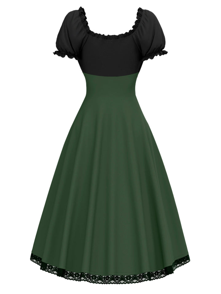 Green 1940s Colorblock Lace-Up Dress - vintage dress, retro fashion
