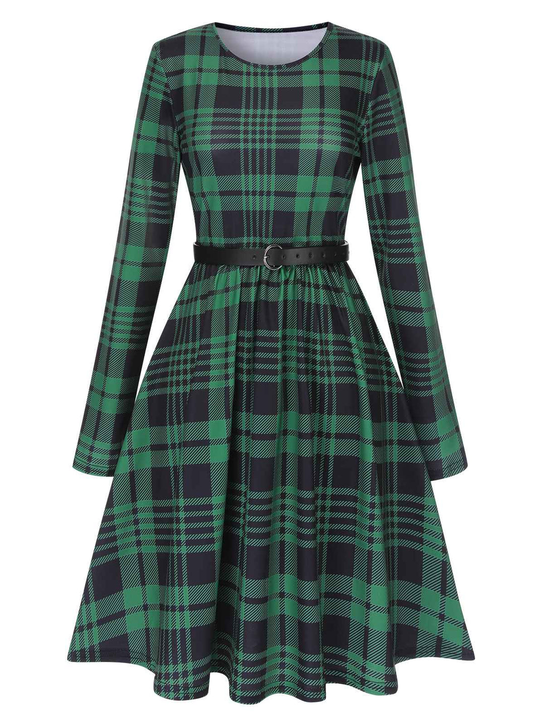 Green 1940s Crew Neck Tartan Dress With Belt, vintage dress, retro fashion - perfect for women who love vintage and retro fashion