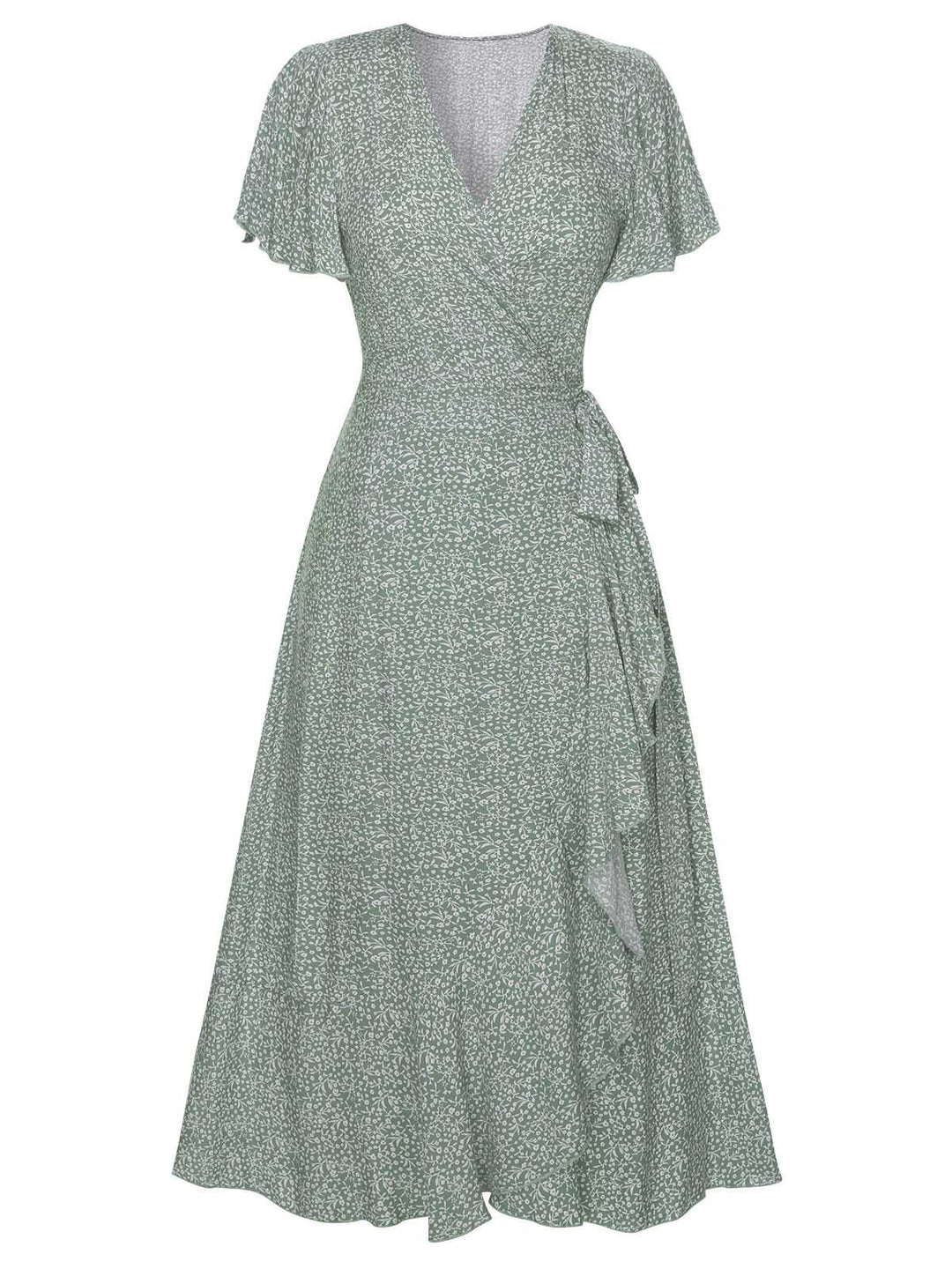 She slips into this Green 1940s Ditsy Floral Flounce Sleeve Dress and suddenly it&
