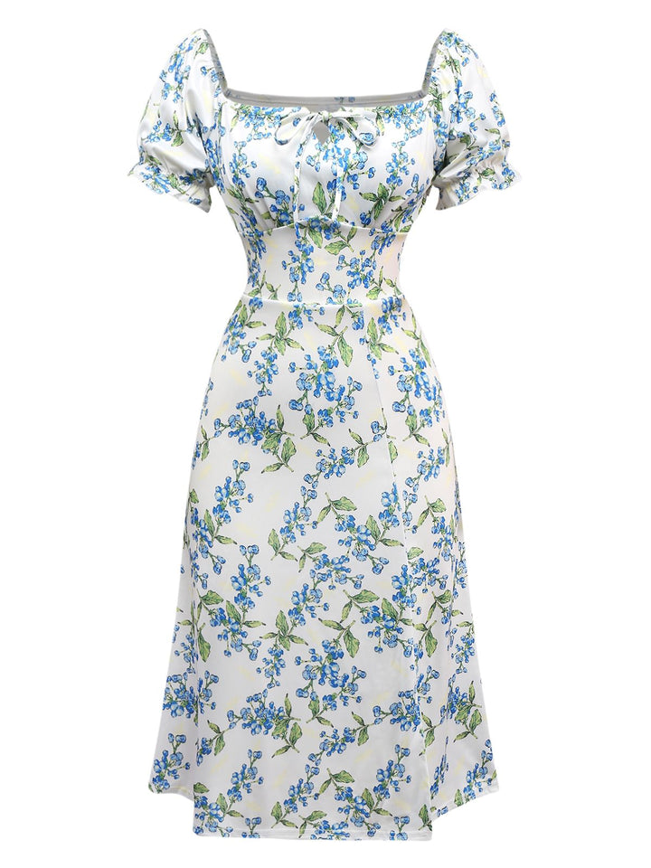 Green 1940s Floral Bow Tie Dress - vintage dress, retro fashion
