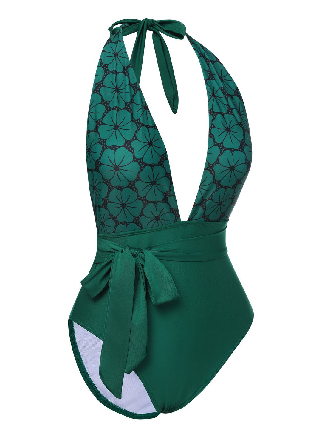 Green 1940s Floral Deep V-Neck Halter Swimsuit, vintage swimsuit, pin-up swimwear - perfect for women who love vintage and retro fashion