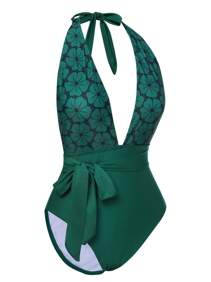 Green 1940s Floral Deep V-Neck Halter Swimsuit, vintage swimsuit, pin-up swimwear - perfect for women who love vintage and retro fashion