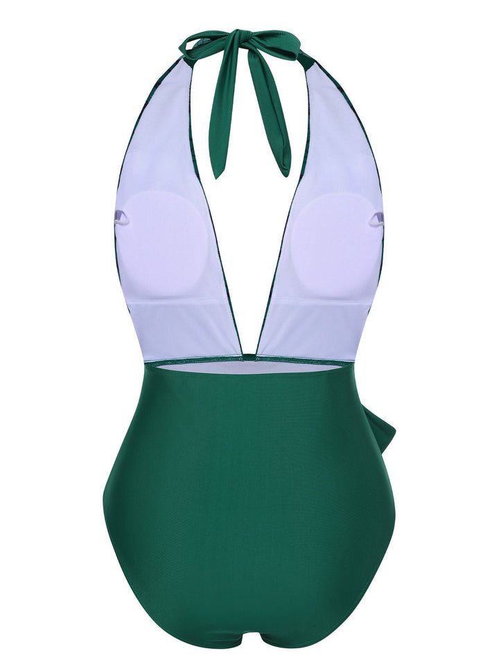 Green 1940s Floral Deep V-Neck Halter Swimsuit, vintage swimsuit, pin-up swimwear - perfect for women who love vintage and retro fashion