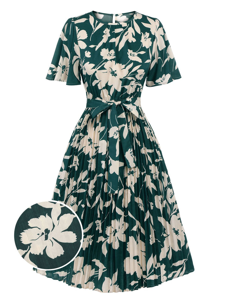 Green 1940s Floral Pleated Belt Dress, vintage dress, retro fashion, floral print - perfect for women who love vintage and retro fashion