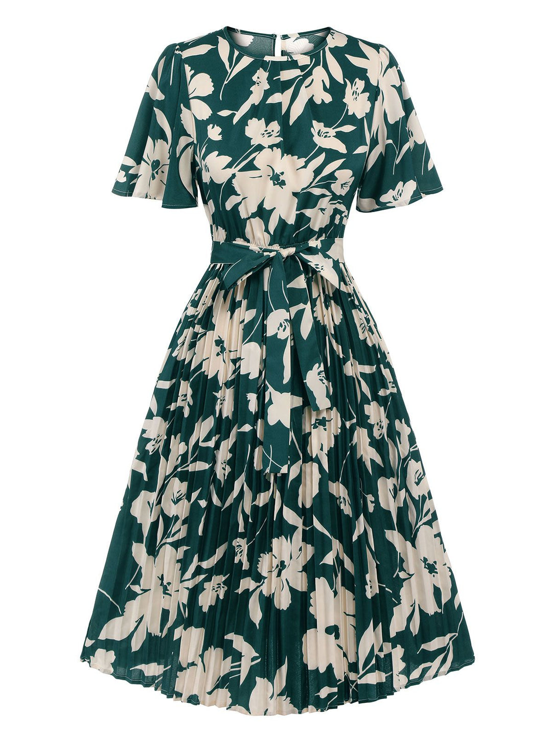 Green 1940s Floral Pleated Belt Dress, vintage dress, retro fashion, floral print - perfect for women who love vintage and retro fashion