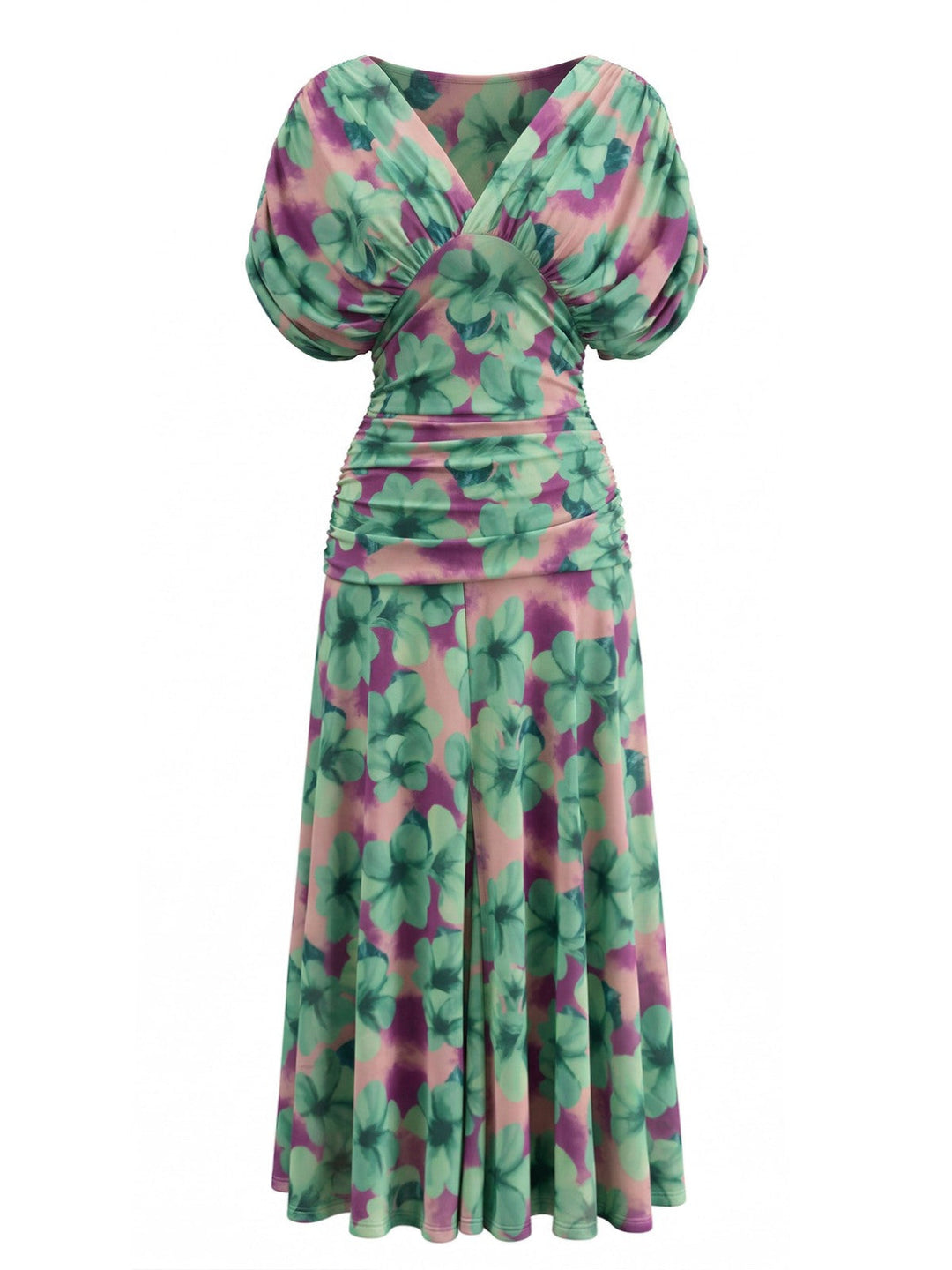Green-1940s-Floral-V-Neck-Smocked-Waist-Dress, vintage, retro, dress