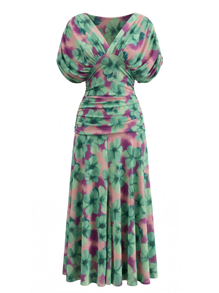 Green-1940s-Floral-V-Neck-Smocked-Waist-Dress, vintage, retro, dress