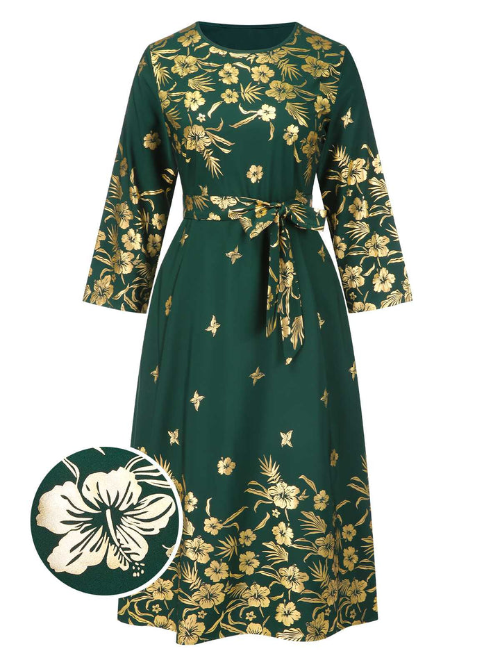 She slips into this Green 1940s Gilded Floral Belted Dress and suddenly it&