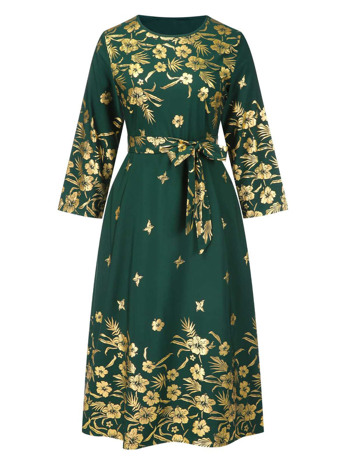 Green 1940s Gilded Floral Belted Dress: where 1940s romance meets her modern spirit