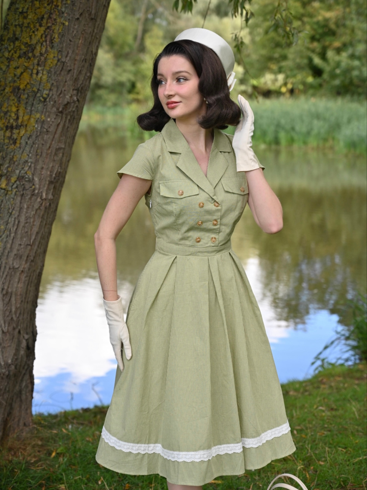 Green 1940s Lace Plaid Cotton Patchwork Dress - vintage dress, retro fashion