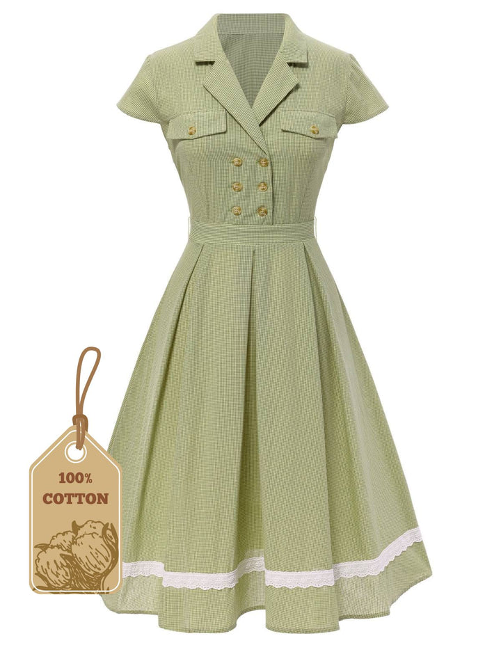 She slips into this Green 1940s Lace Plaid Cotton Patchwork Dress and suddenly it&