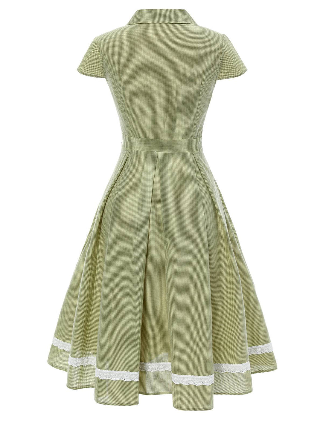 She slips into this Green 1940s Lace Plaid Cotton Patchwork Dress and suddenly it&