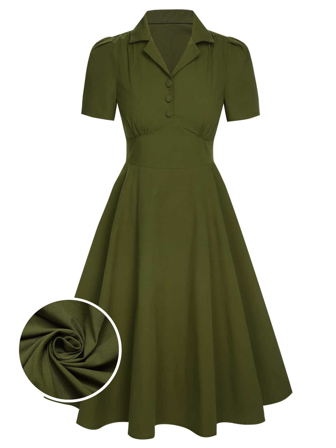 She slips into this Green 1940s Lapel Buttoned Solid Dress and suddenly it&