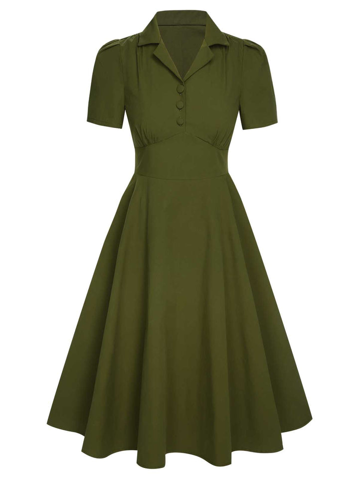 Green 1940s Lapel Buttoned Solid Dress: where 1940s romance meets her modern spirit