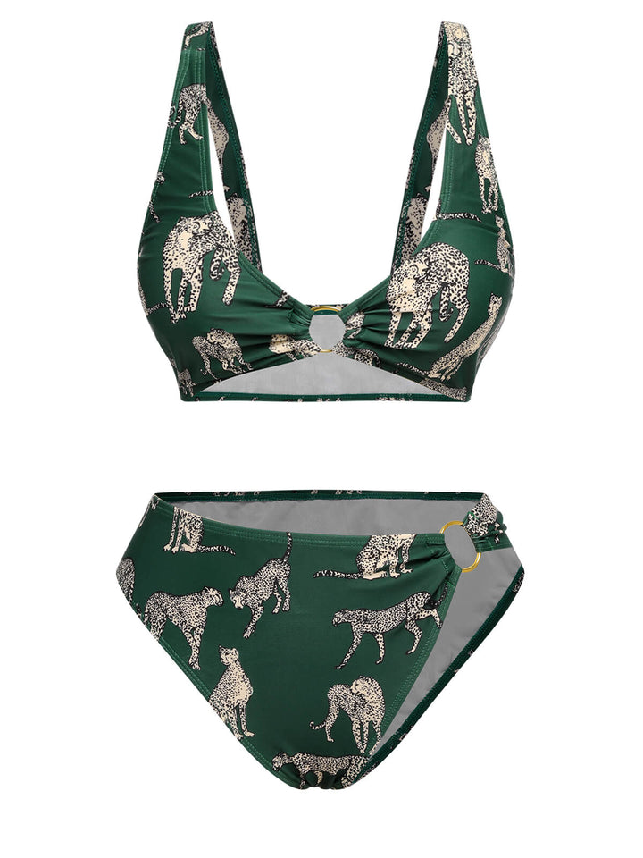 Green Leopard Halter Split Swimsuit, vintage swimsuit, swimwear - perfect for women who love vintage and retro fashion