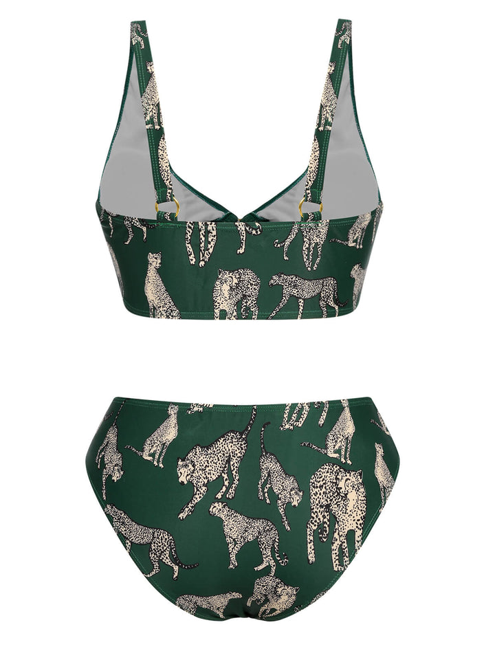 Green Leopard Halter Split Swimsuit, vintage swimsuit, swimwear - perfect for women who love vintage and retro fashion