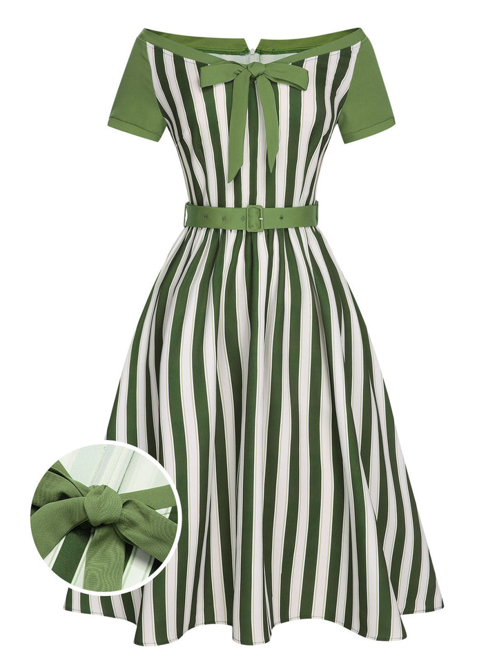She slips into this Green 1940s Off-Shoulder Stripes Bow Belted Dress and suddenly it&