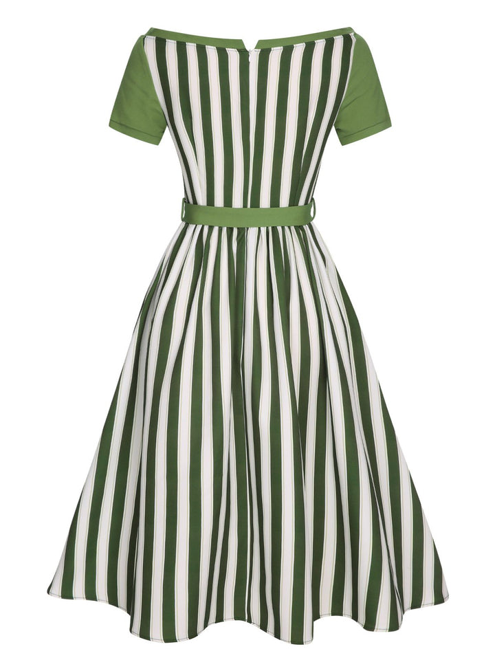 Green 1940s Off-Shoulder Stripes Bow Belted Dress — the kind of 1940s dress that makes strangers smile