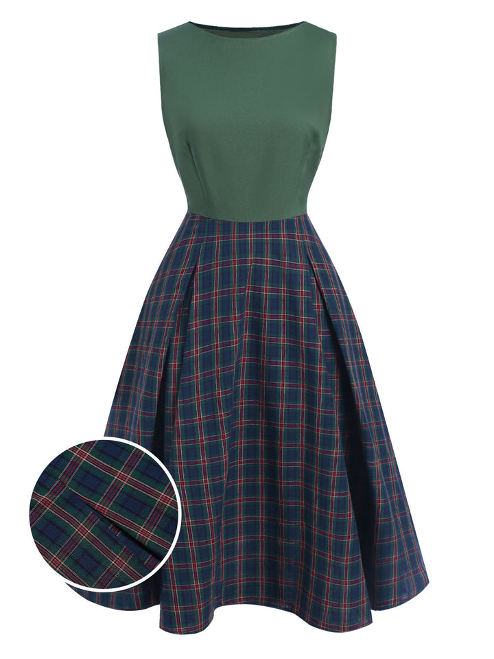 She slips into this Green 1940s Plaids Patchwork Sleeveless Dress and suddenly it&