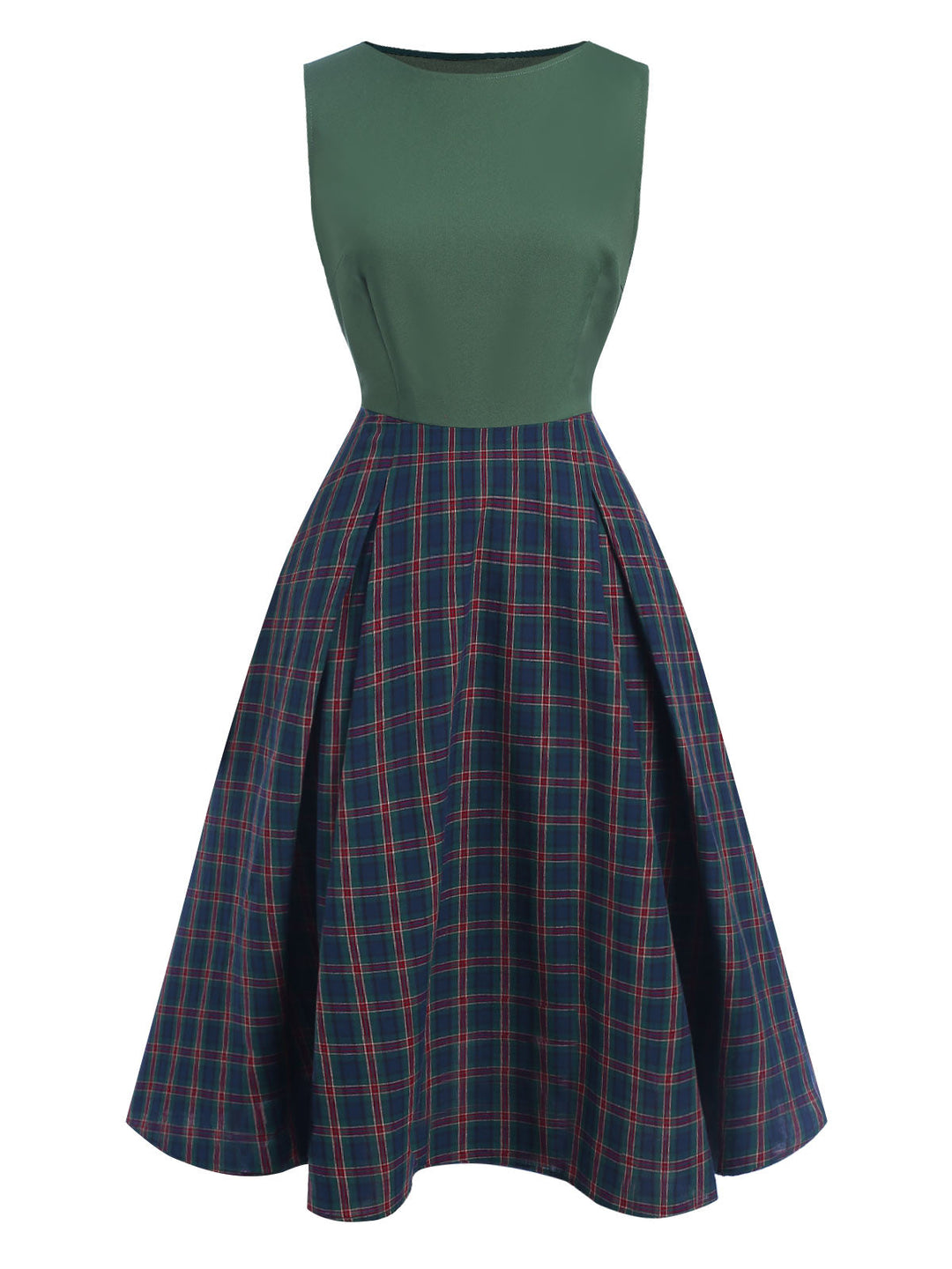 Green 1940s Plaids Patchwork Sleeveless Dress: where 1940s romance meets her modern spirit