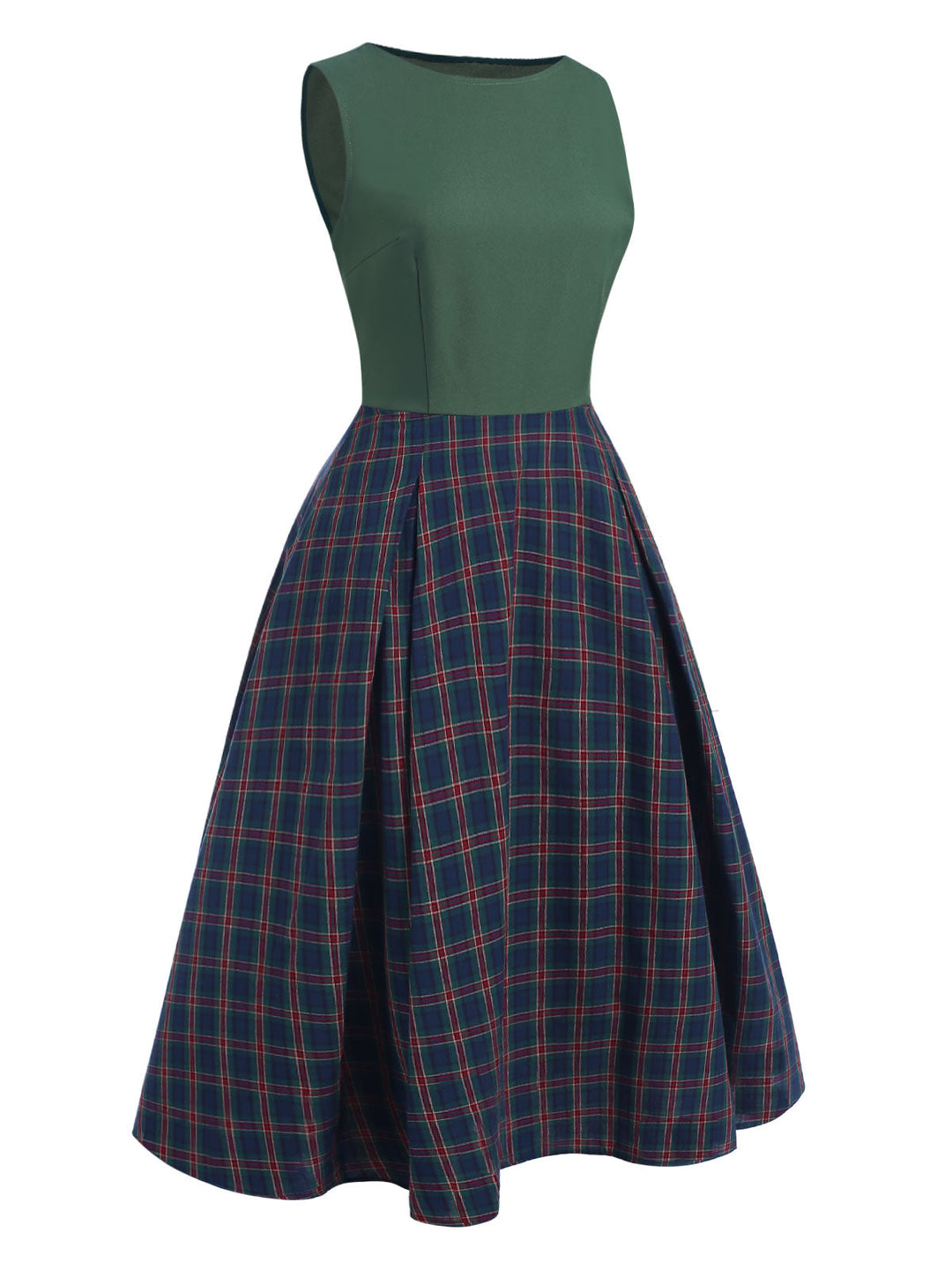 This Green 1940s Plaids Patchwork Sleeveless Dress wraps her in 1940s elegance, one twirl at a time