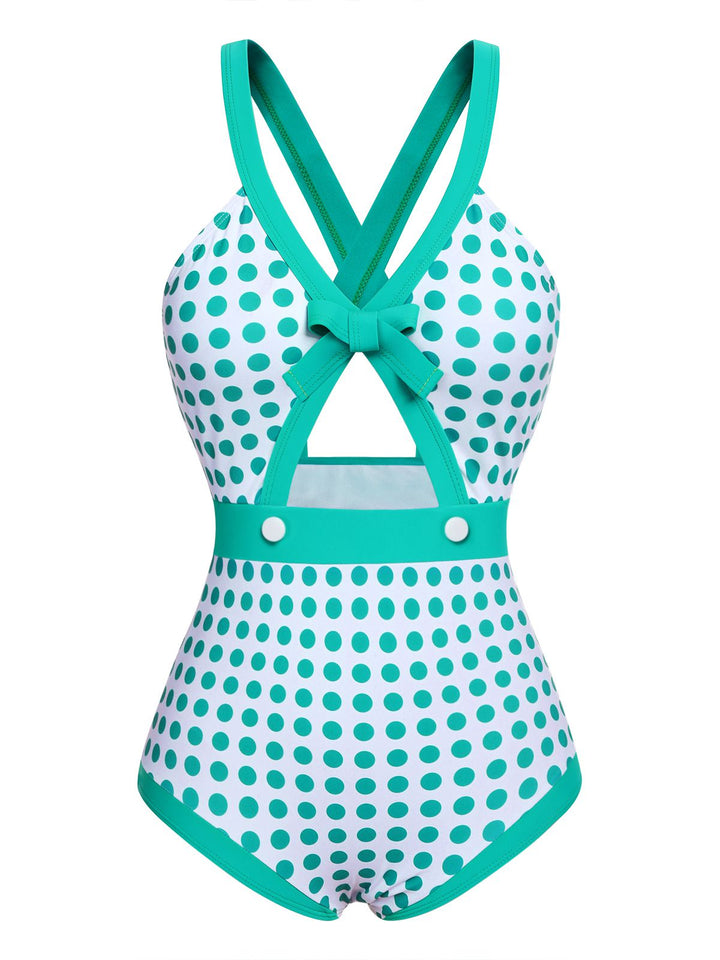 Green 1940s Polka Dot Bowknot One-Piece Swimsuit — vintage elegance for the modern woman