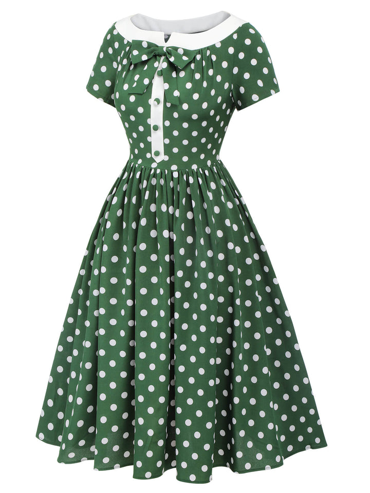 Green 1940s Polka Dot Bowknot Patchwork Dress, vintage dress, retro fashion - perfect for women who love vintage and retro fashion