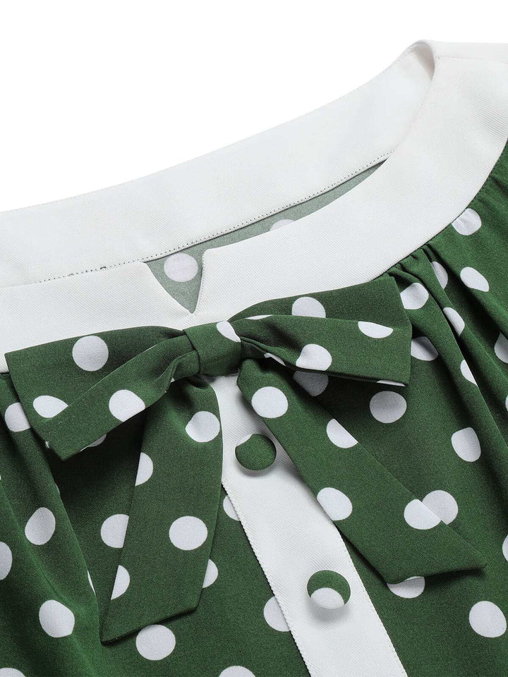 Green 1940s Polka Dot Bowknot Patchwork Dress, vintage dress, retro fashion - perfect for women who love vintage and retro fashion