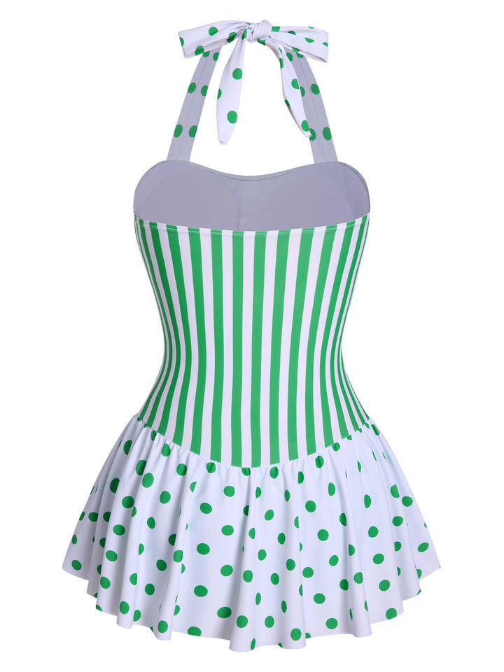 Green 1940s Polka Dots Stripes Halter Swimsuit, vintage swimsuit, pin-up swimwear - perfect for women who love vintage and retro fashion