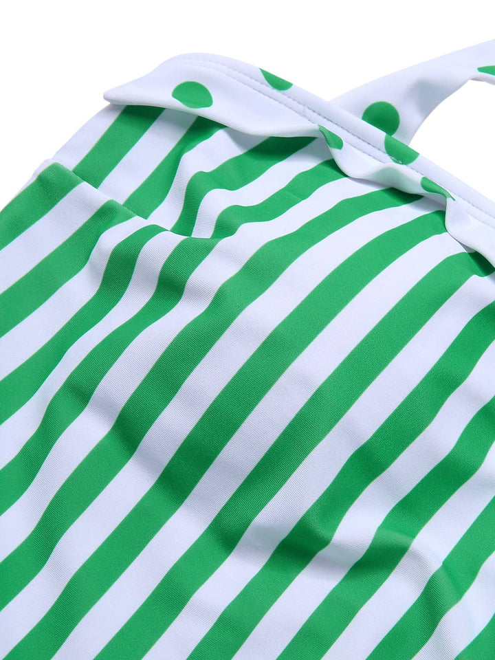 Green 1940s Polka Dots Stripes Halter Swimsuit, vintage swimsuit, pin-up swimwear - perfect for women who love vintage and retro fashion