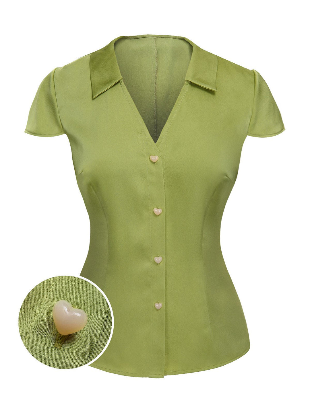 She pairs this Green 1940s Satin V-Neck Buttons Shirt with confidence and 1940s charm