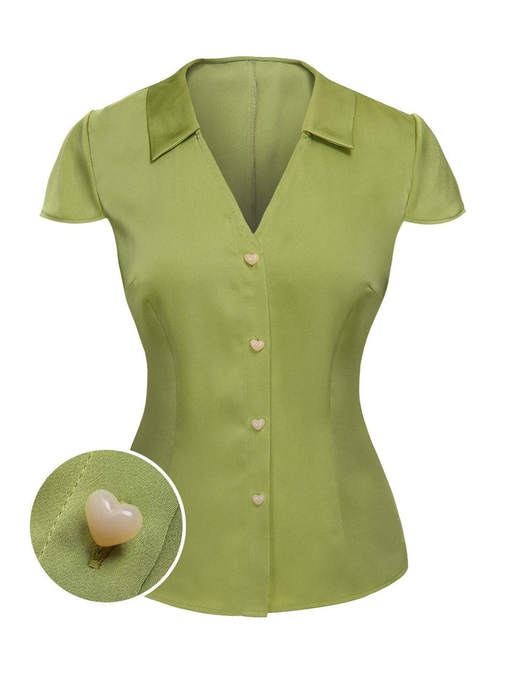 She pairs this Green 1940s Satin V-Neck Buttons Shirt with confidence and 1940s charm