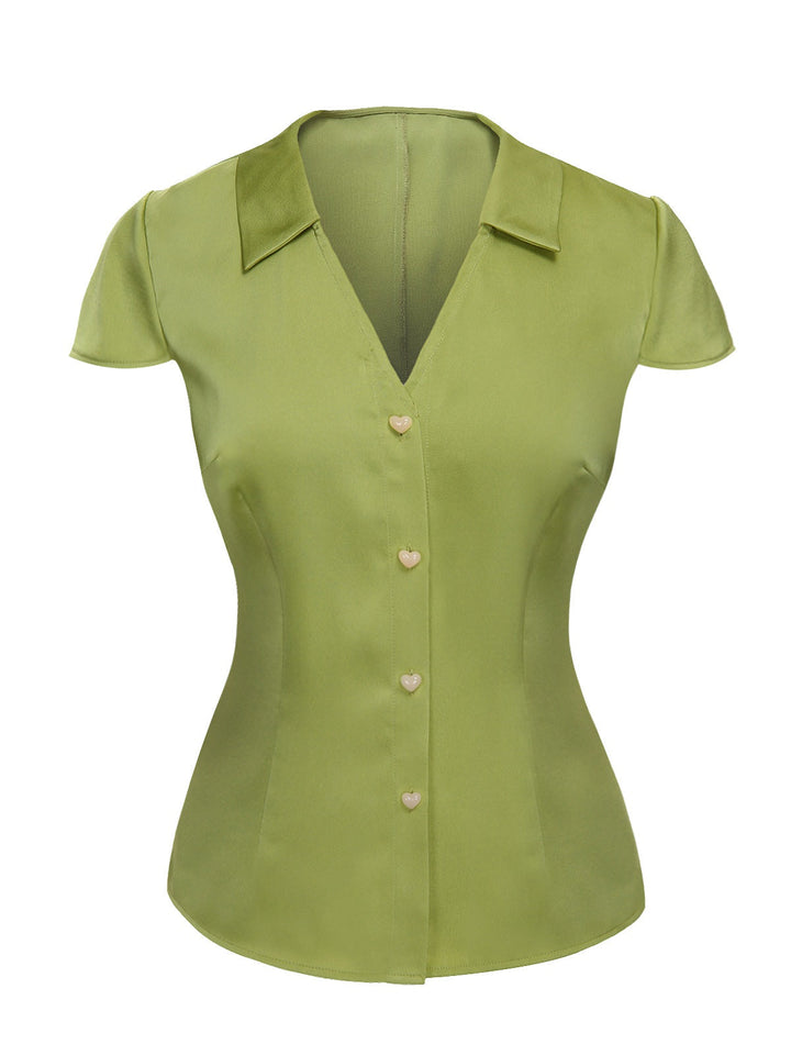 Green 1940s Satin V-Neck Buttons Shirt — 1940s elegance she can wear anywhere
