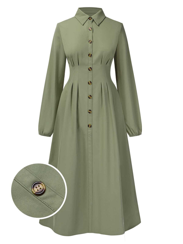 She slips into this Green 1940s Shirt Neck Long Sleeve Solid Dress and suddenly it&