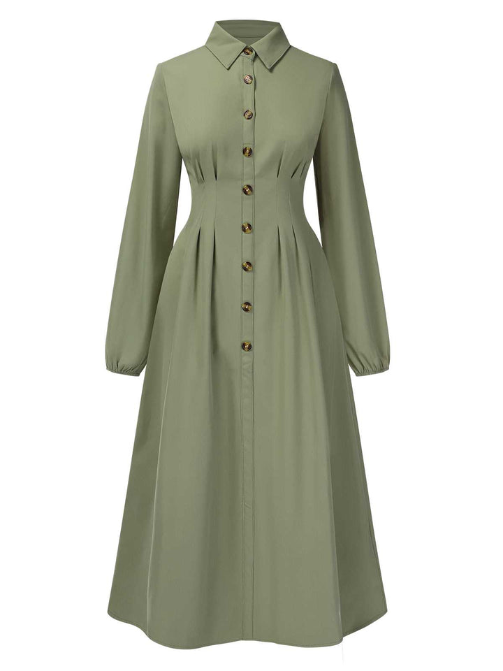 Green 1940s Shirt Neck Long Sleeve Solid Dress: where 1940s romance meets her modern spirit