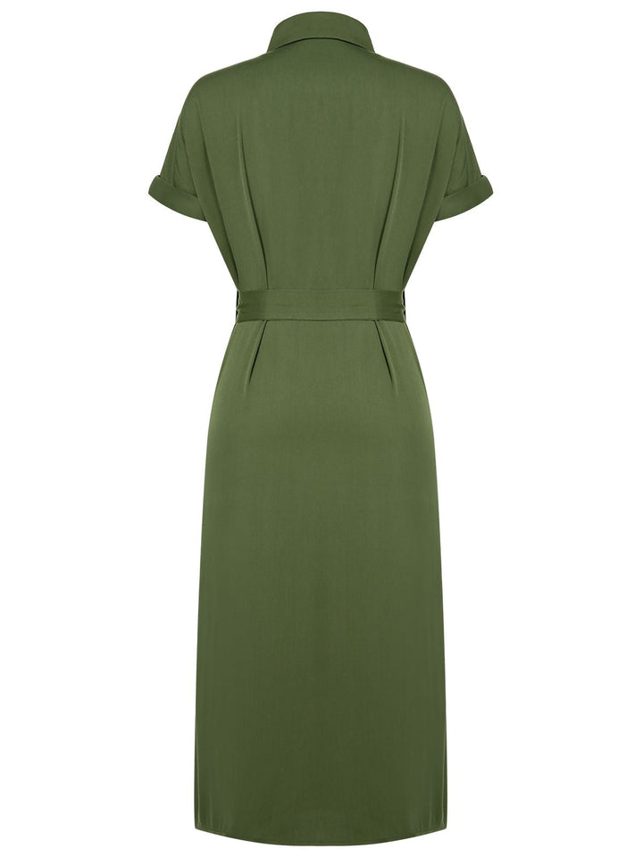 Green 1940s Solid Belted Slit Dress — vintage elegance for the modern woman